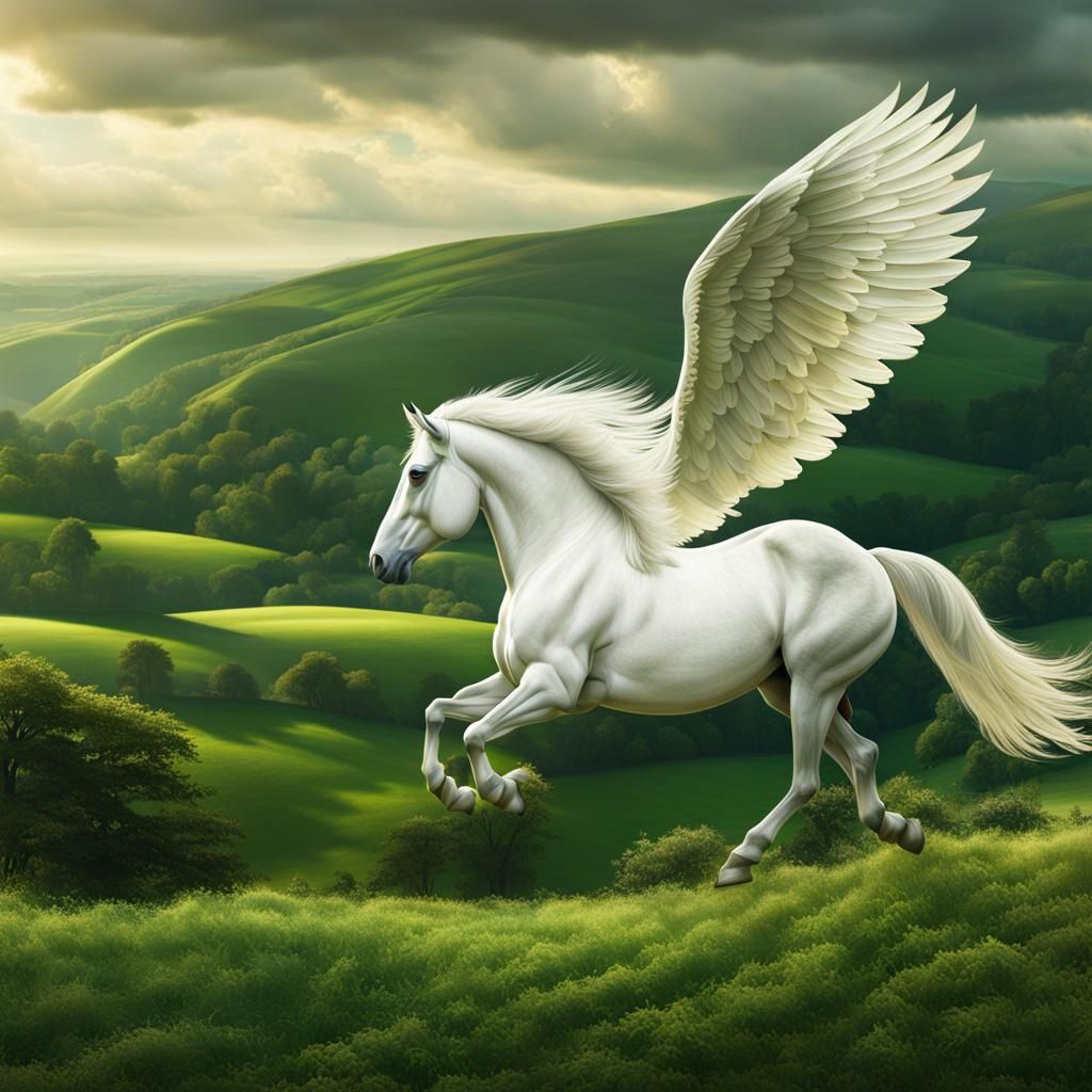 Pegasus Soaring Over Verdant Hills in Hyperrealistic Style