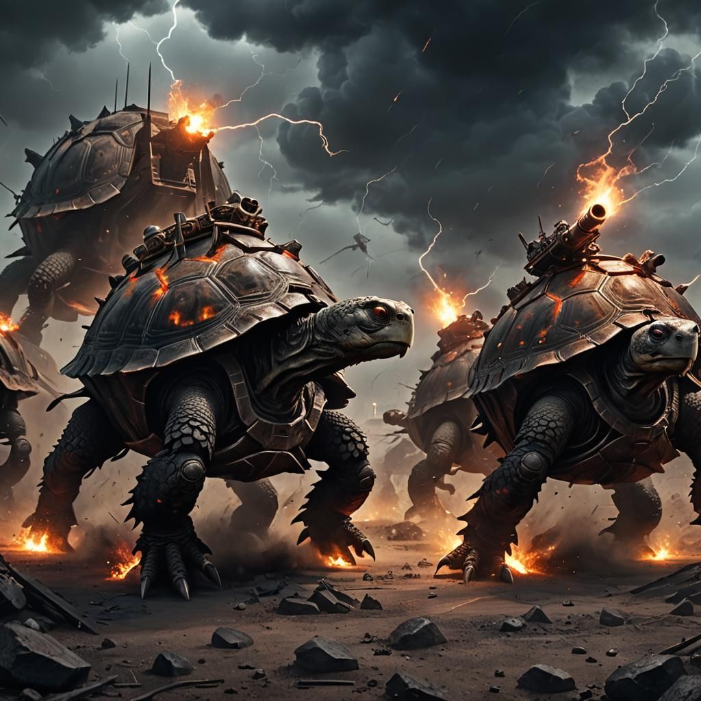 Iron Tortoises with Cannons in Wasteland, Dark Fantasy Art