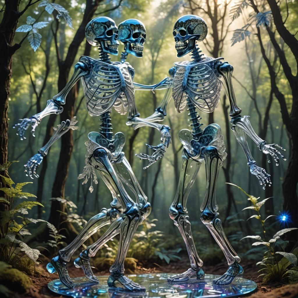 Luminous Crystal Skeletons Dance in Starry Forest
