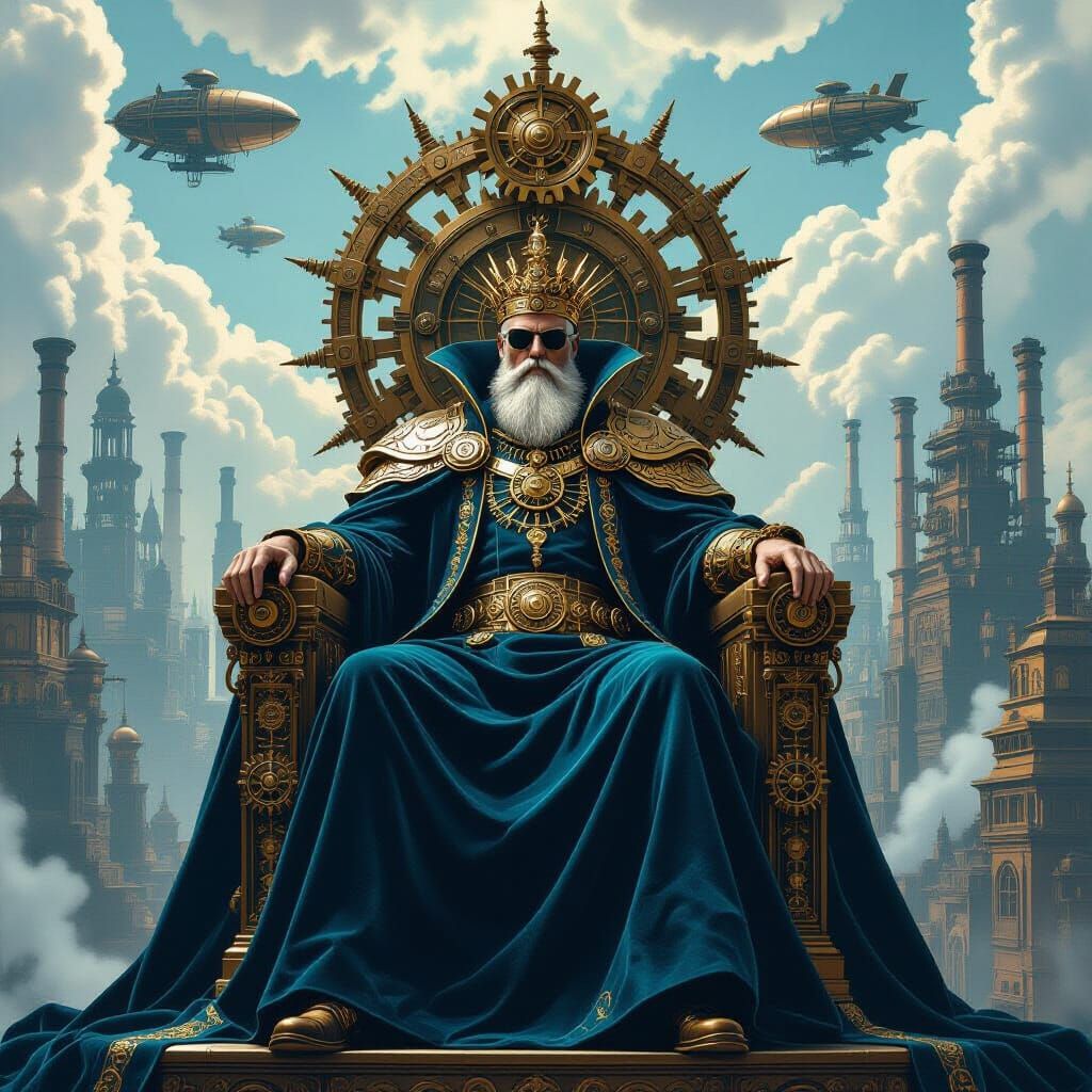 Steampunk Ruler on Gear Throne in Industrial City