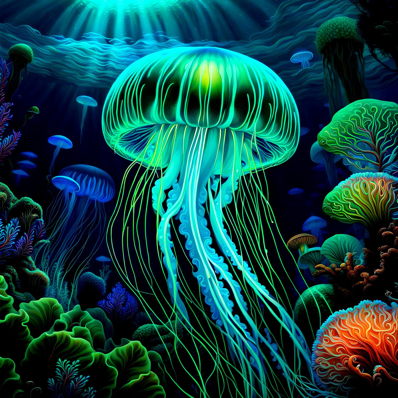 Bioluminescent Turquoise Jellyfish in a Vibrant Underwater S...