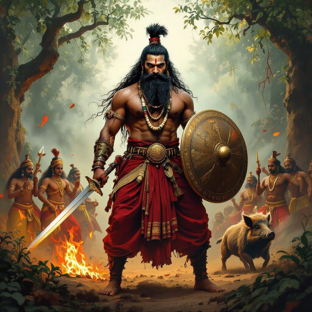 Fierce Warrior in Mystical Forest with Divine Spirit