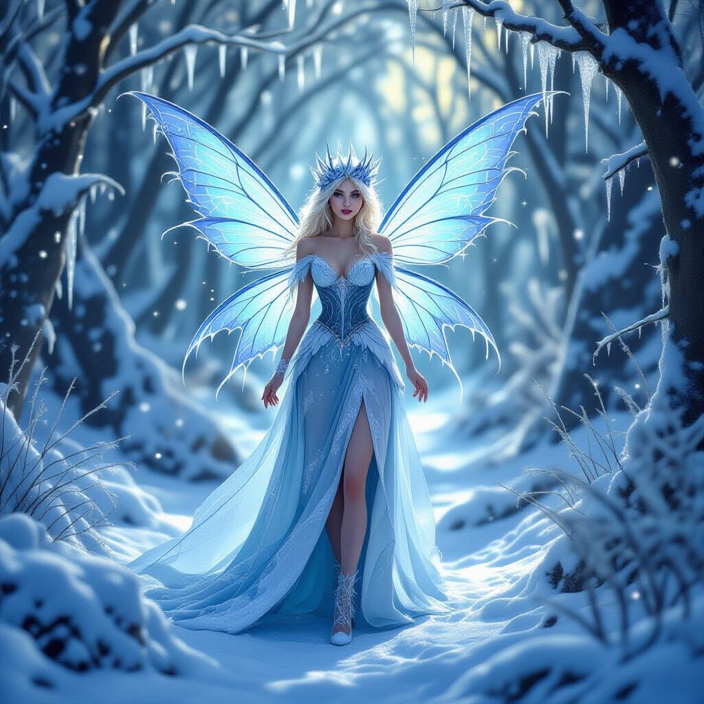 Icy Winter Fairy in Frozen Forest, Dark Fantasy Concept Art