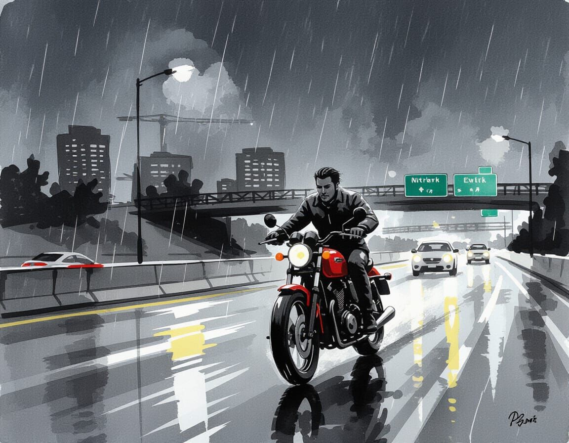 Man Rides Motorcycle Through Rainy Night Expressway in Ink W...
