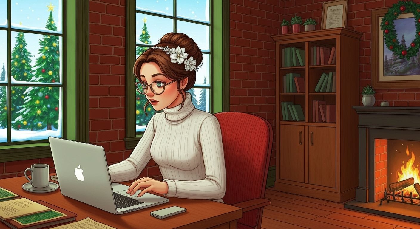 Cozy Winter Workspace with Woman at Desk