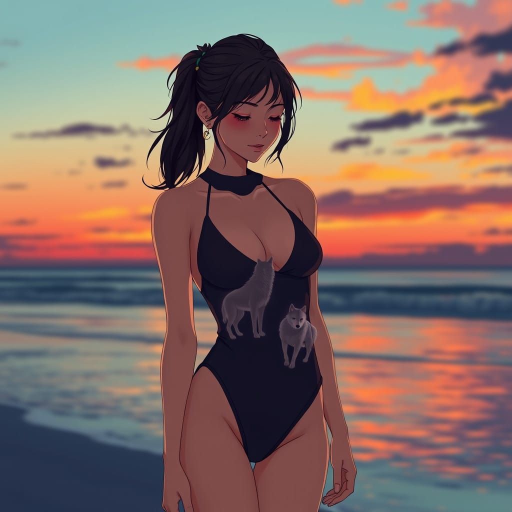 Woman and Wolf Spirits on a Serene Beach at Sunset in Anime...