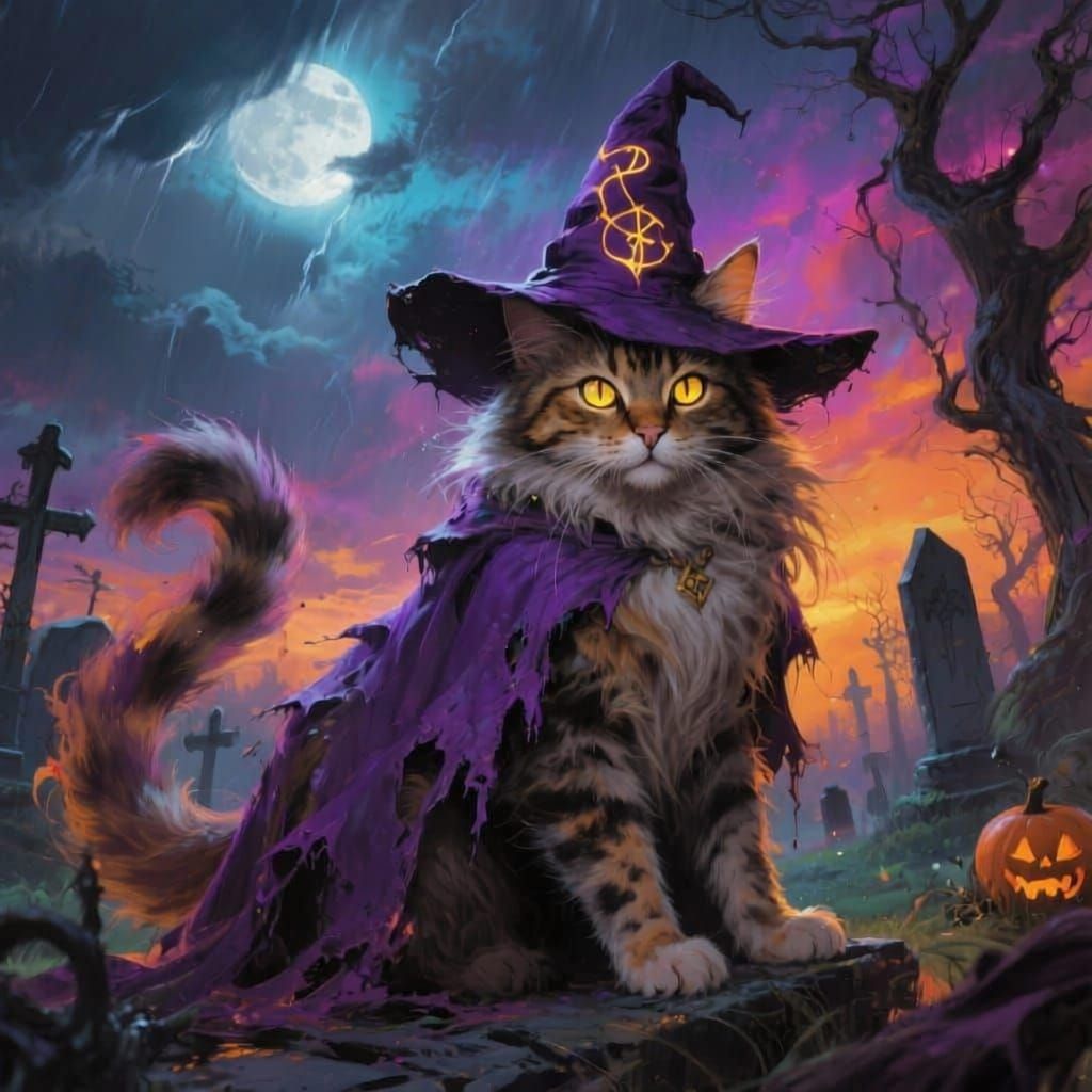 Tortie Cat Witch in Hyperrealistic Splash Art