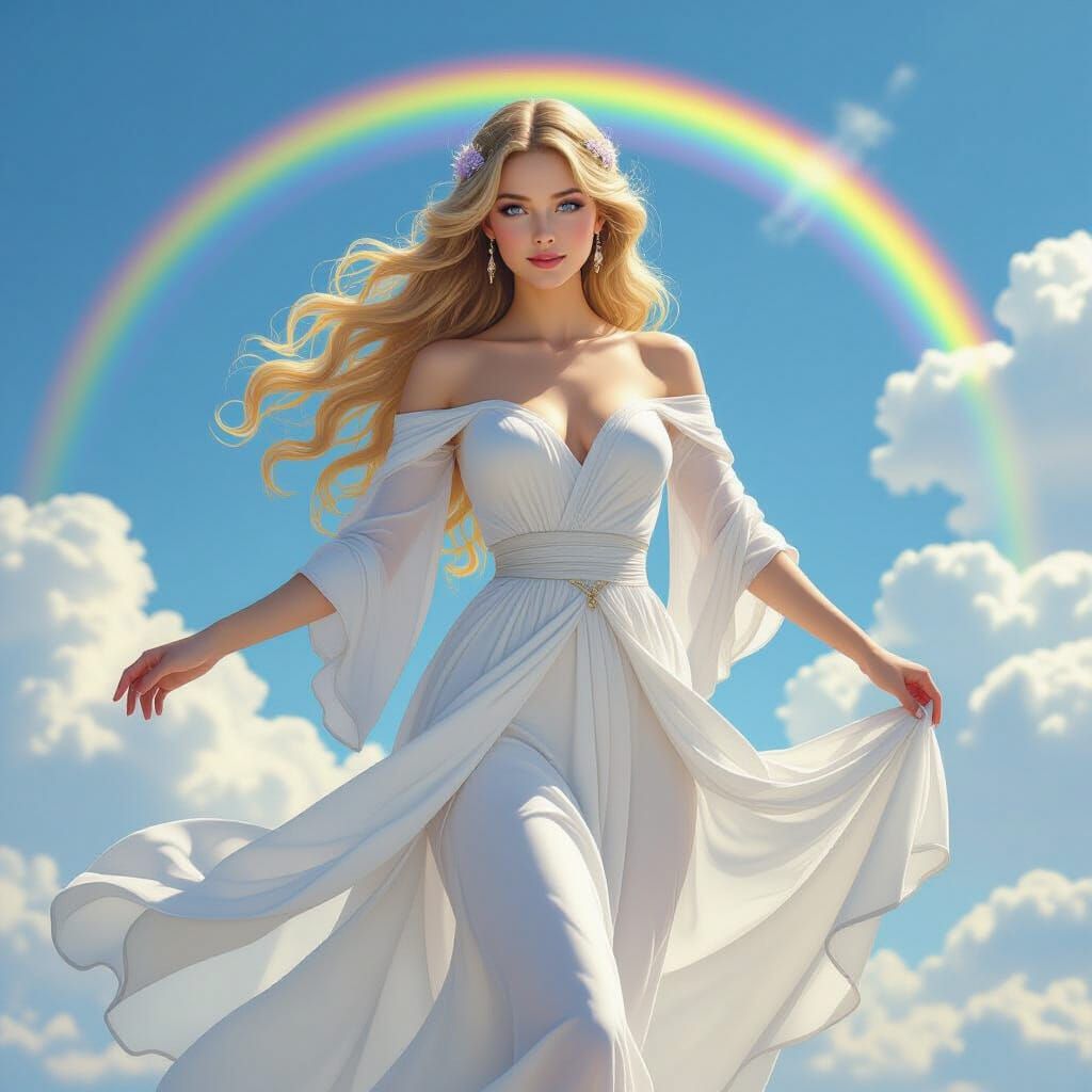 Woman Dancing on a Rainbow in Art Nouveau Style