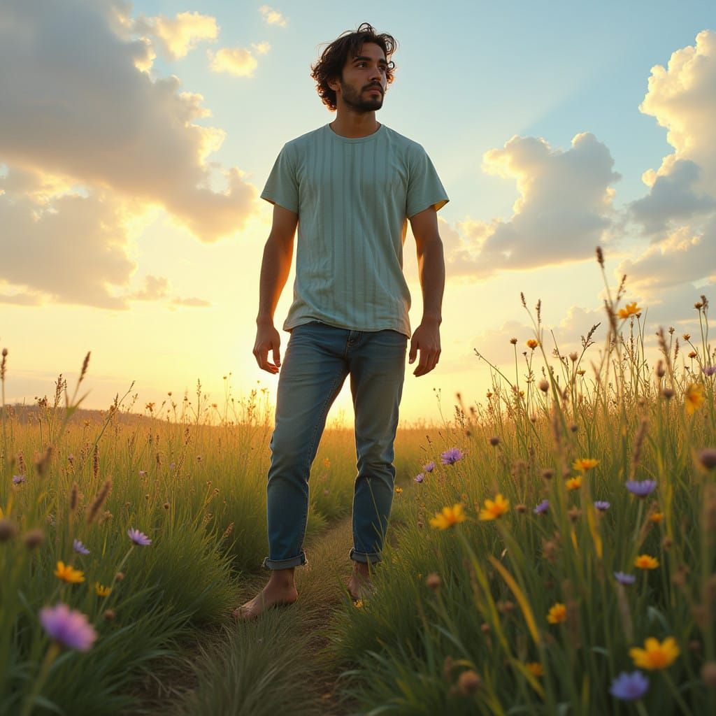 Man in Serene Field, Basking in Sunset Glow