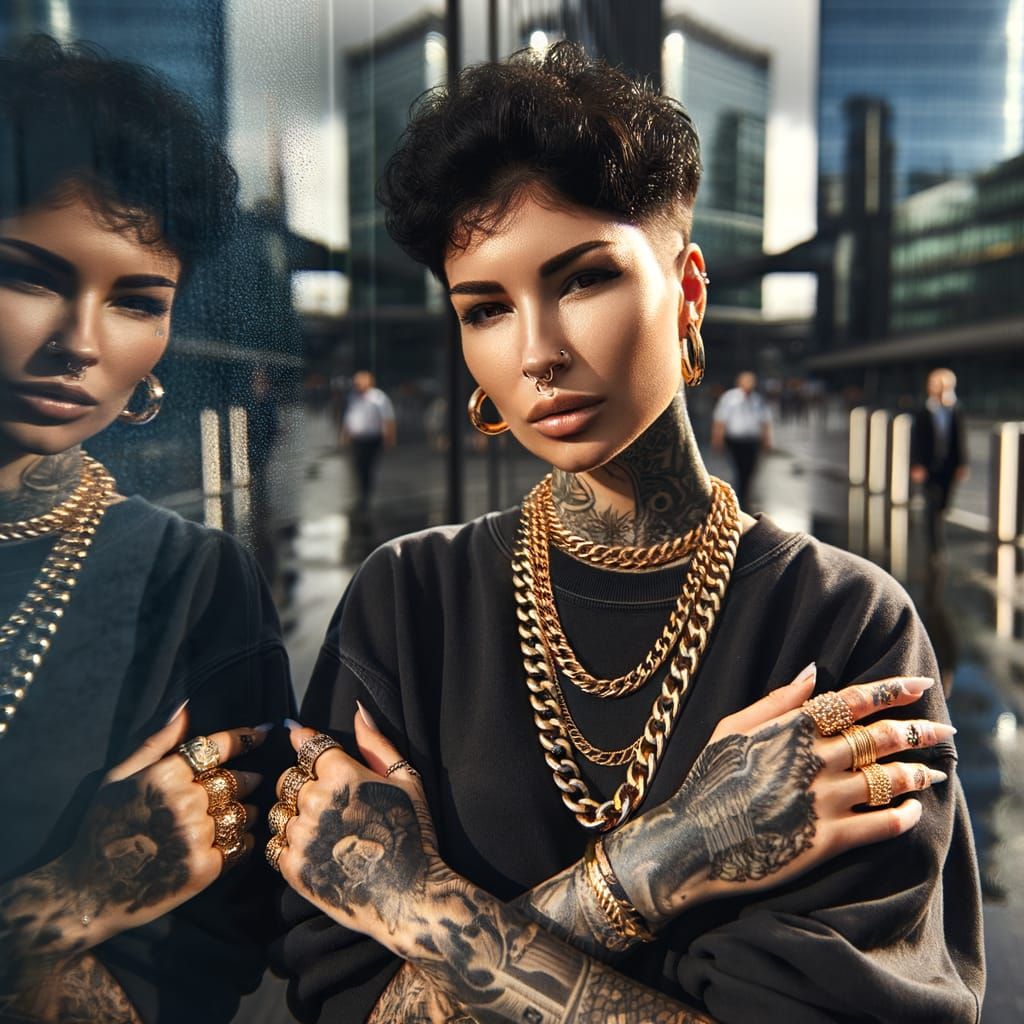 Confident Woman with Intricate Tattoos in Golden Hour Urban ...