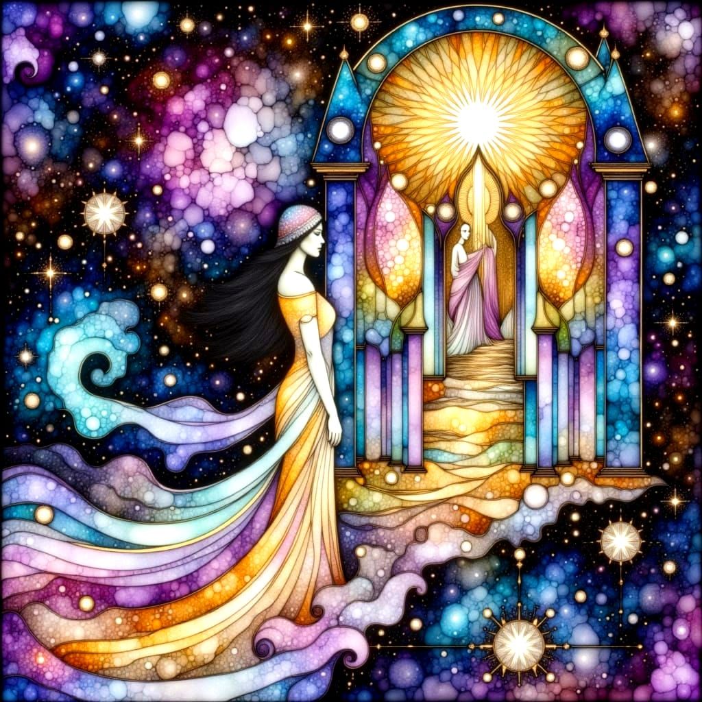 Cosmic Cathedral Radiates Celestial Light in Gustav Klimt-In...