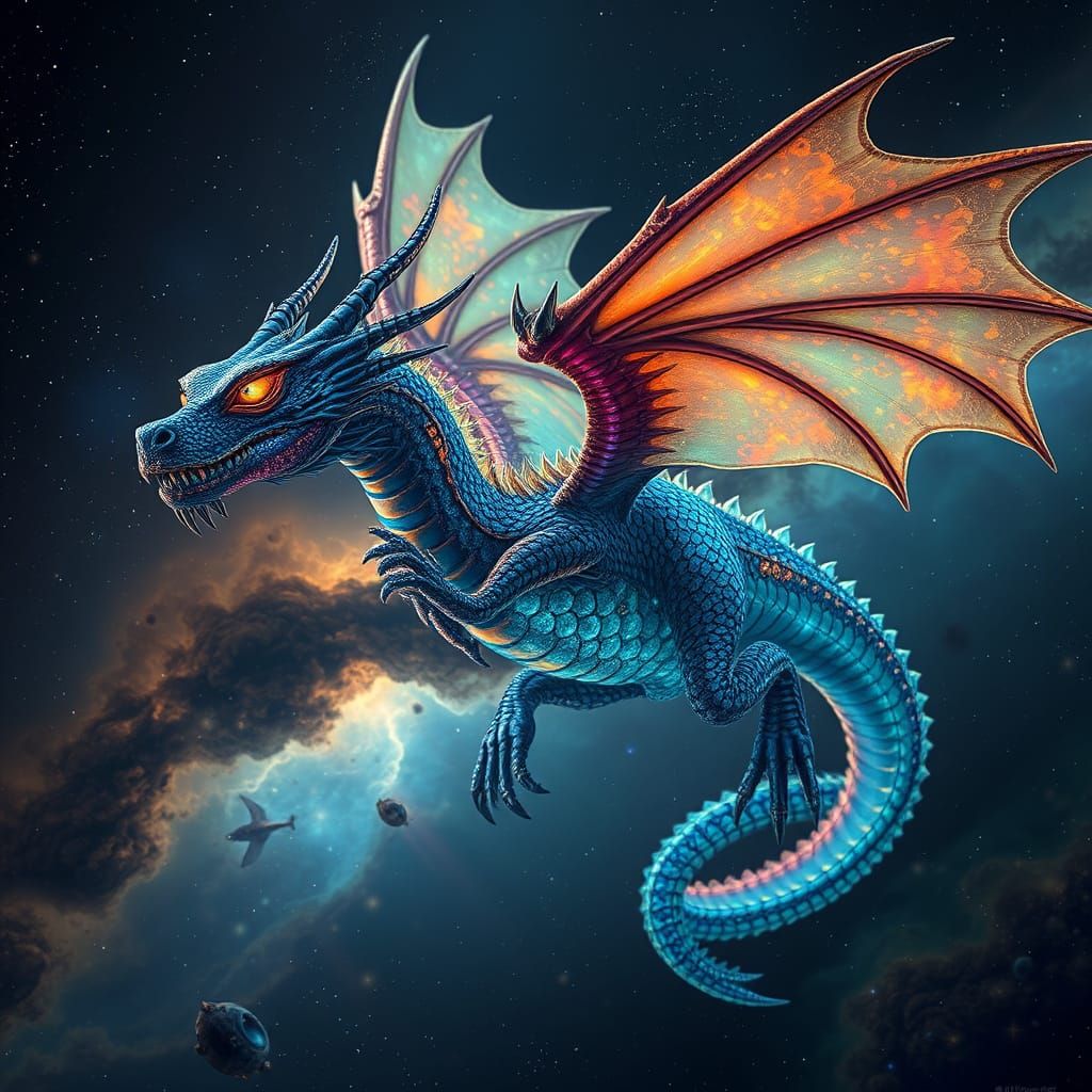 Bioluminescent Steampunk Dragon Soaring Through Nebula