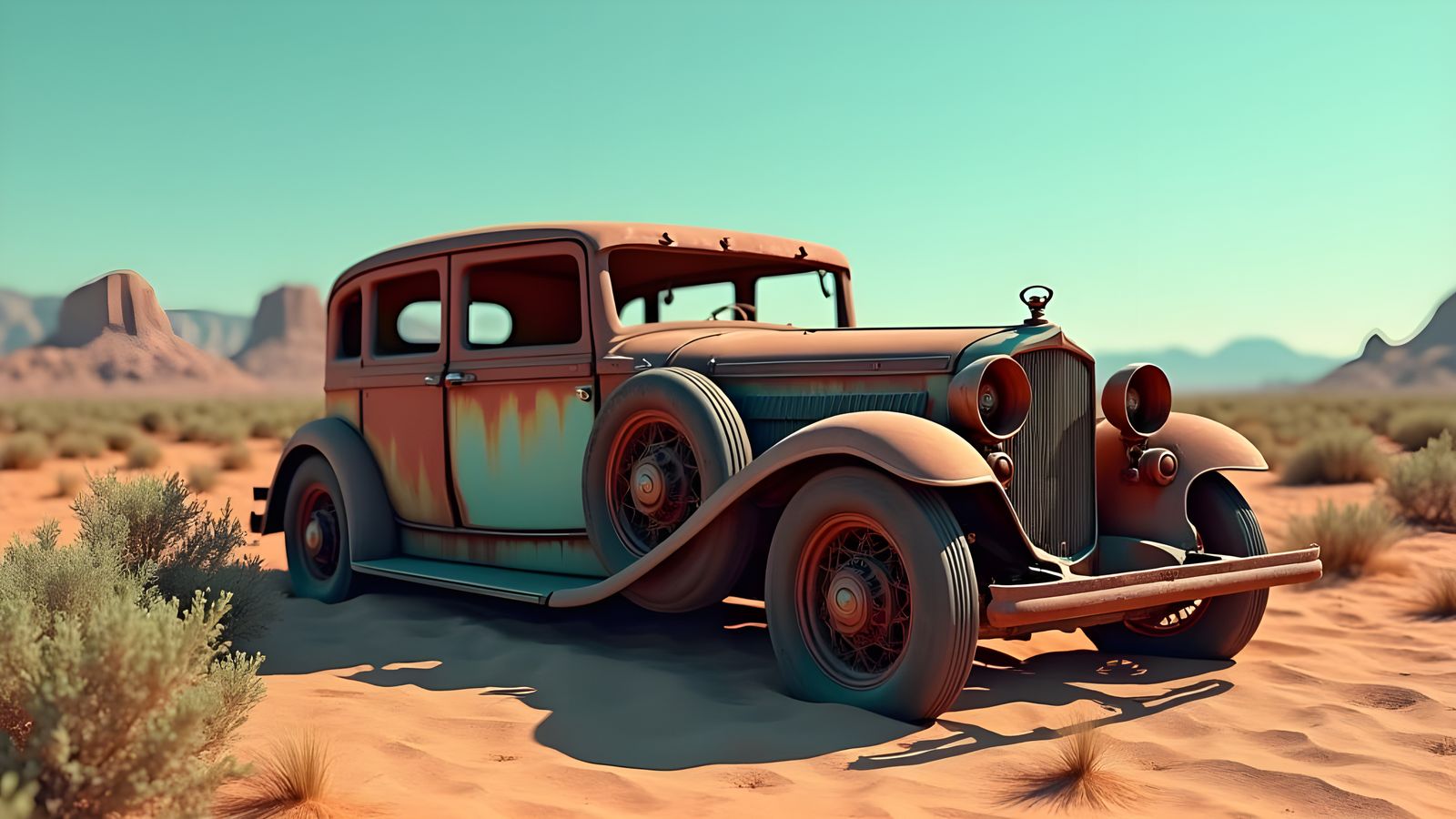 Deserted 1930s Cadillac in New Mexico: Photorealistic 3D Ren...