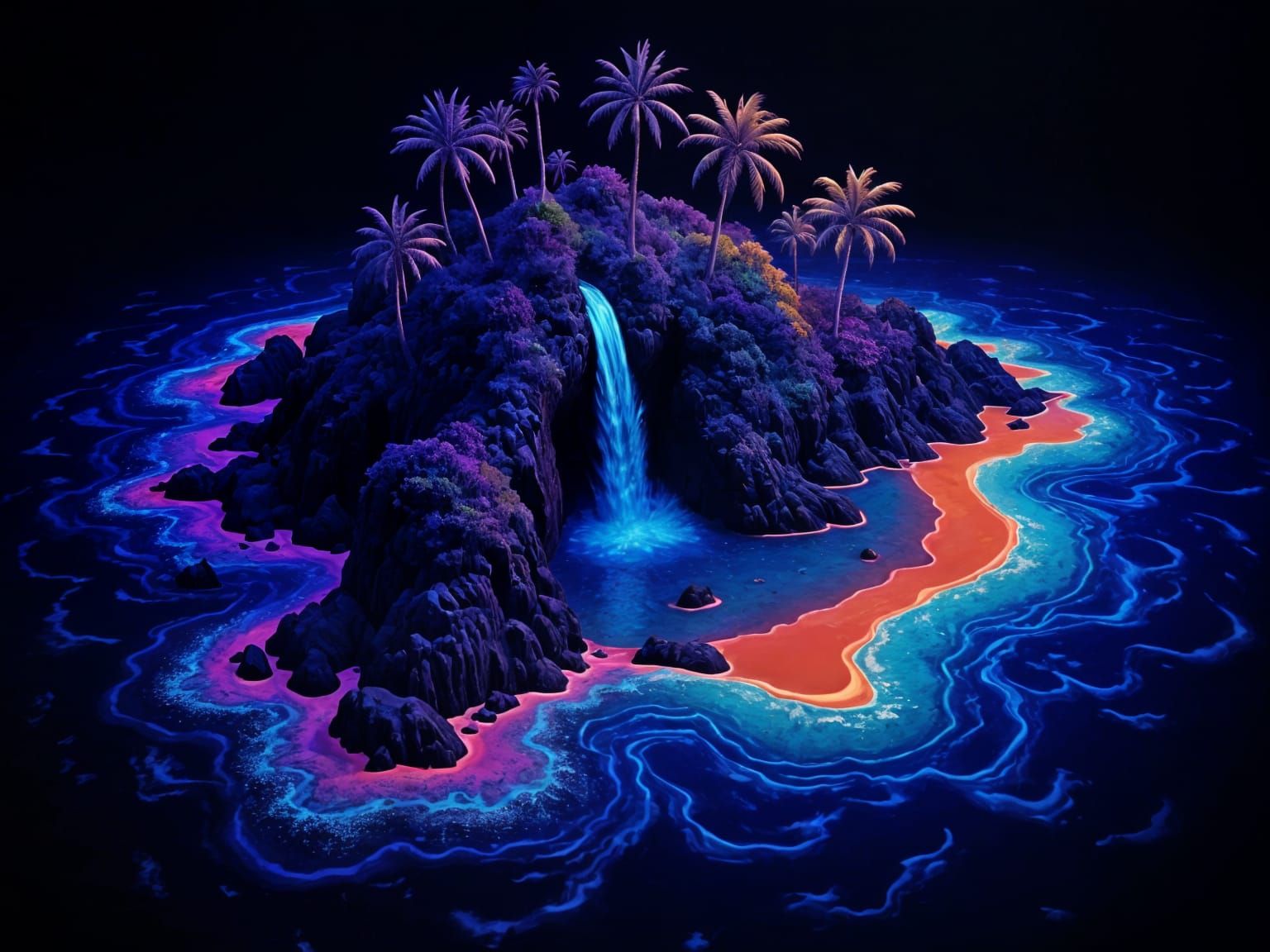 Tropical Island at Night in Blacklight Style