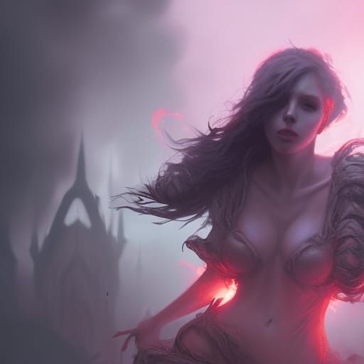 Burning Woman with Green Hair in Dark Synth-Horror