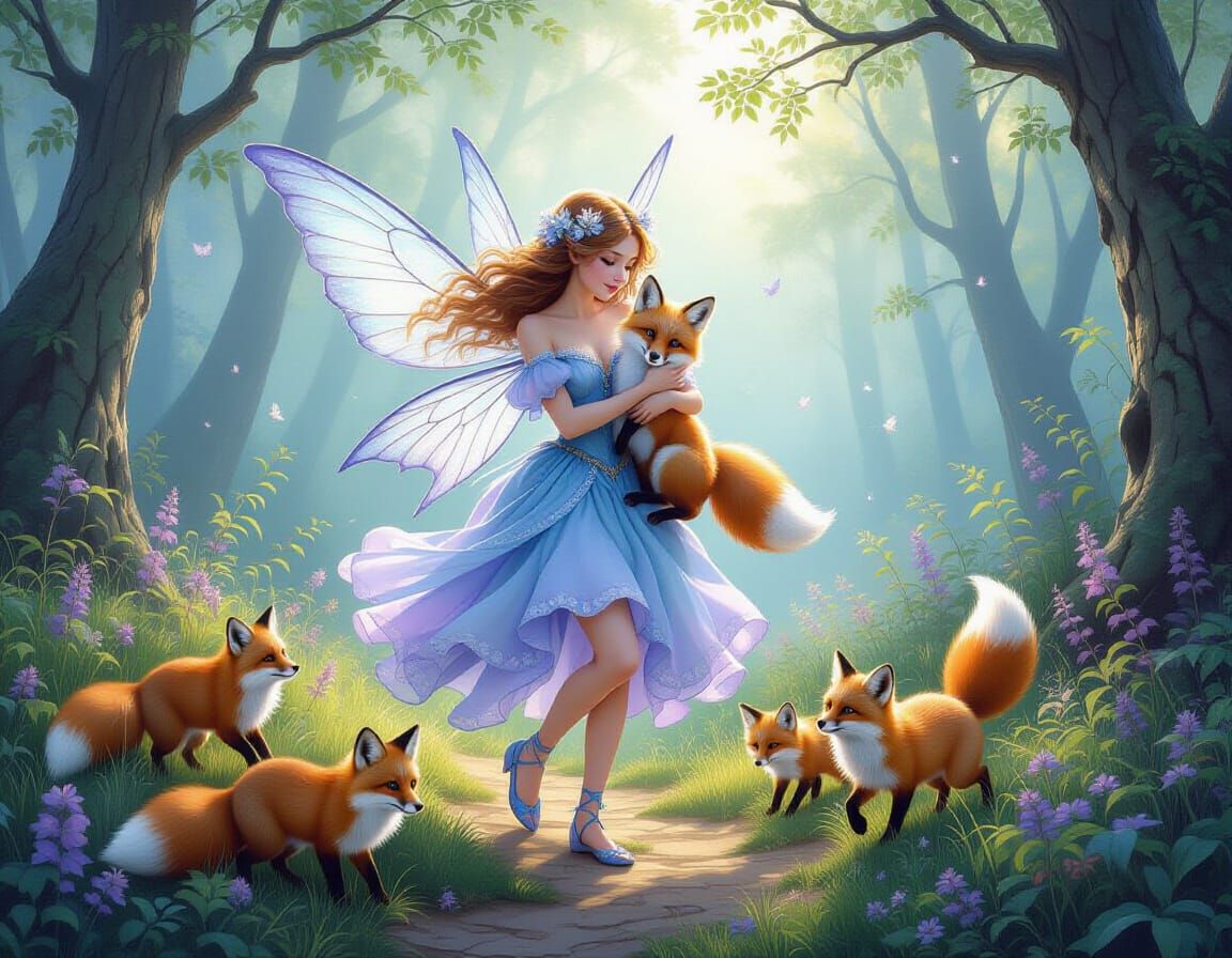 Ethereal Fairy and Foxes in Misty Forest Painting
