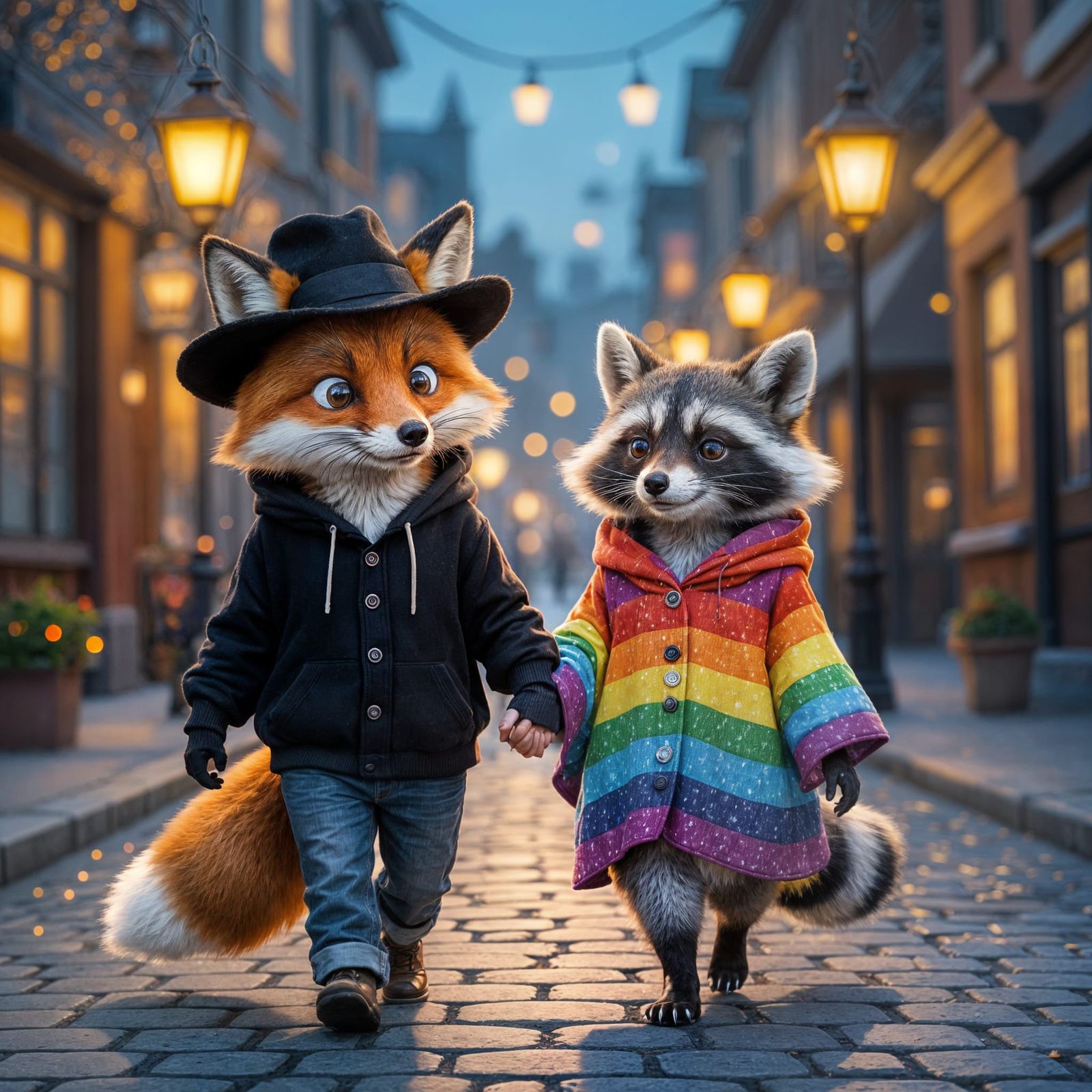 Fox and Raccoon Holding Hands Downtown