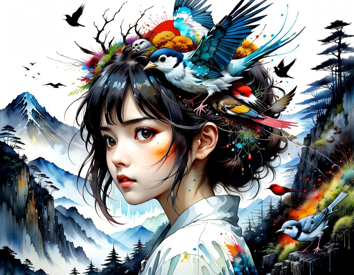 Macabre Monster in Birds Wasteland, Watercolor Art