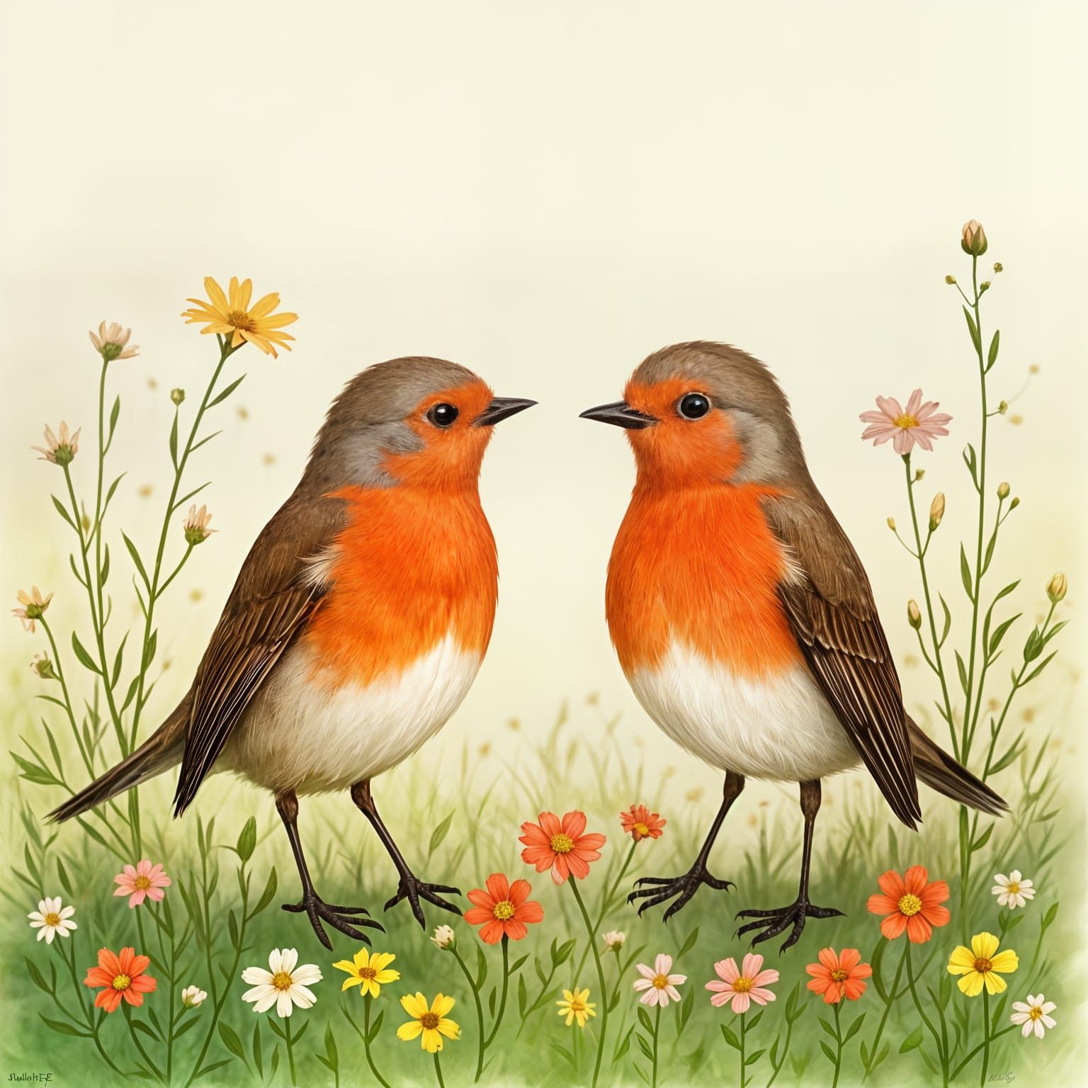 Robins Feeding on a Green Lawn