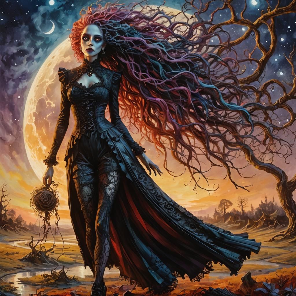 Whimsical Girl Portrait in Tim Burton Style