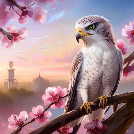 Falcon Portrait with Cherry Blossoms