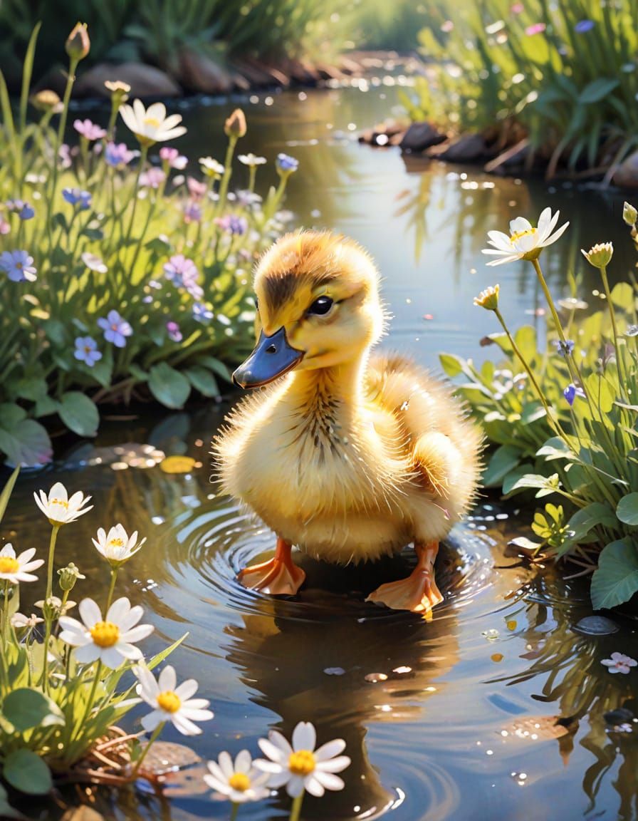 Duckling in Sunny Garden Watercolor Painting