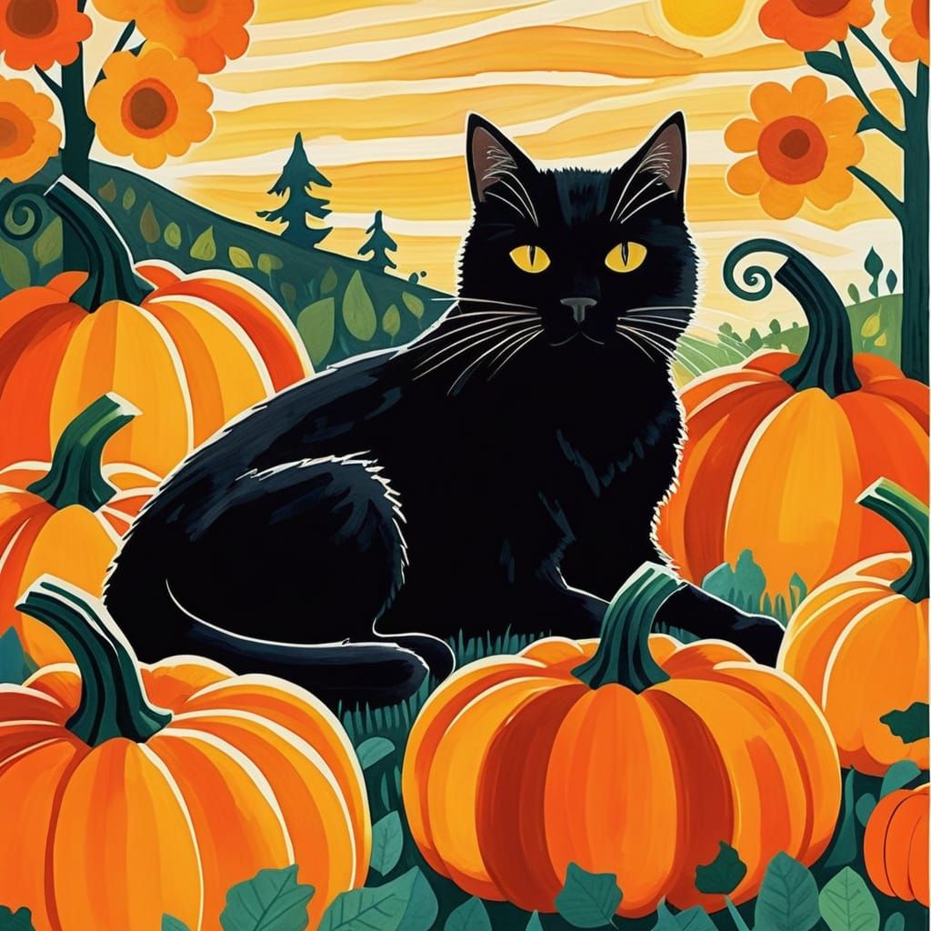 Folk Art Black Cat in Sunlit Pumpkin Patch