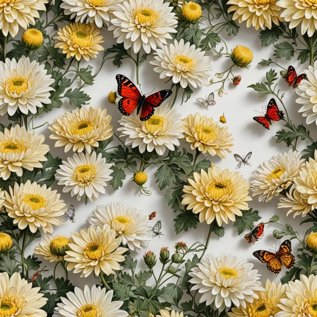 Hyper-Realistic Chrysanthemums with Butterfly and Ladybug