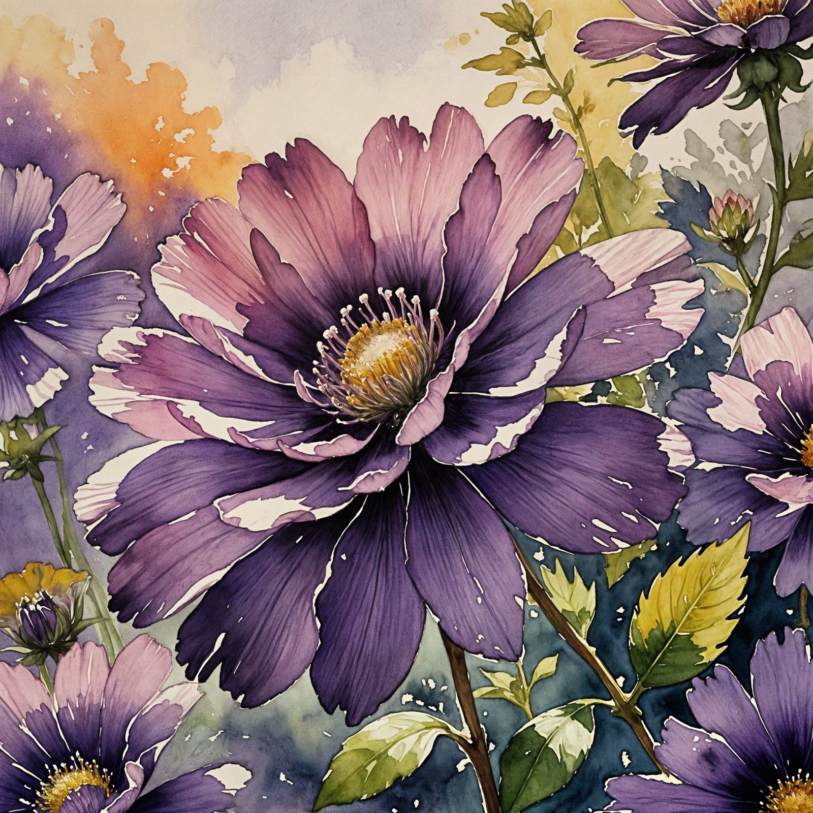 Bright Purple Flower in Watercolor Style