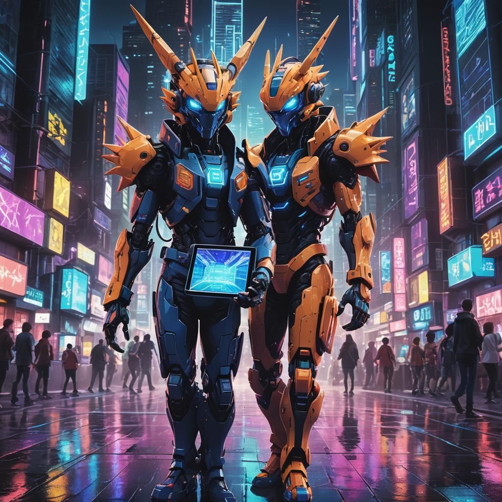 Cyberpunk Digimon in a Futuristic Cityscape