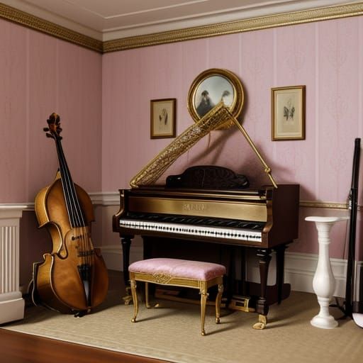 Miniature Music Room with Pink and Gold Accents