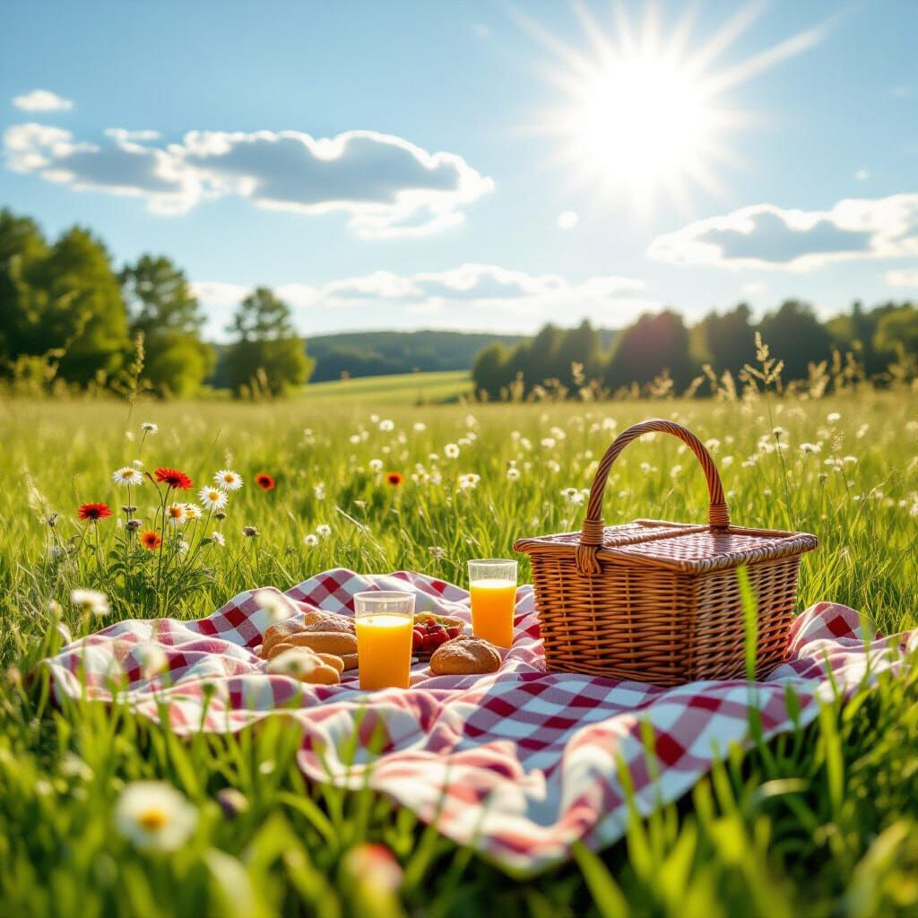 Idyllic Sunny Picnic Scene in a Green Field