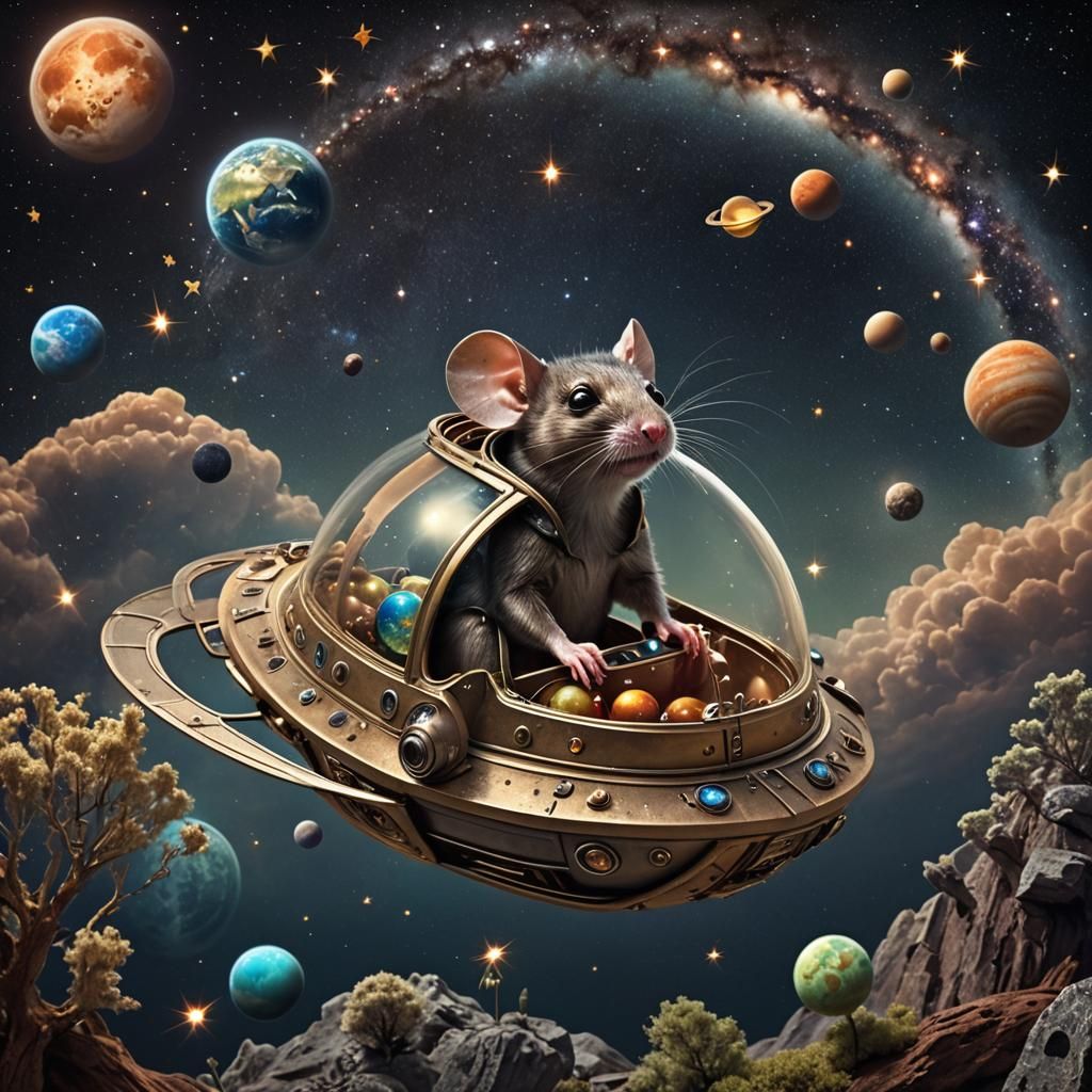 Hyperreal Alien Mouse Soaring Through Starry Sky