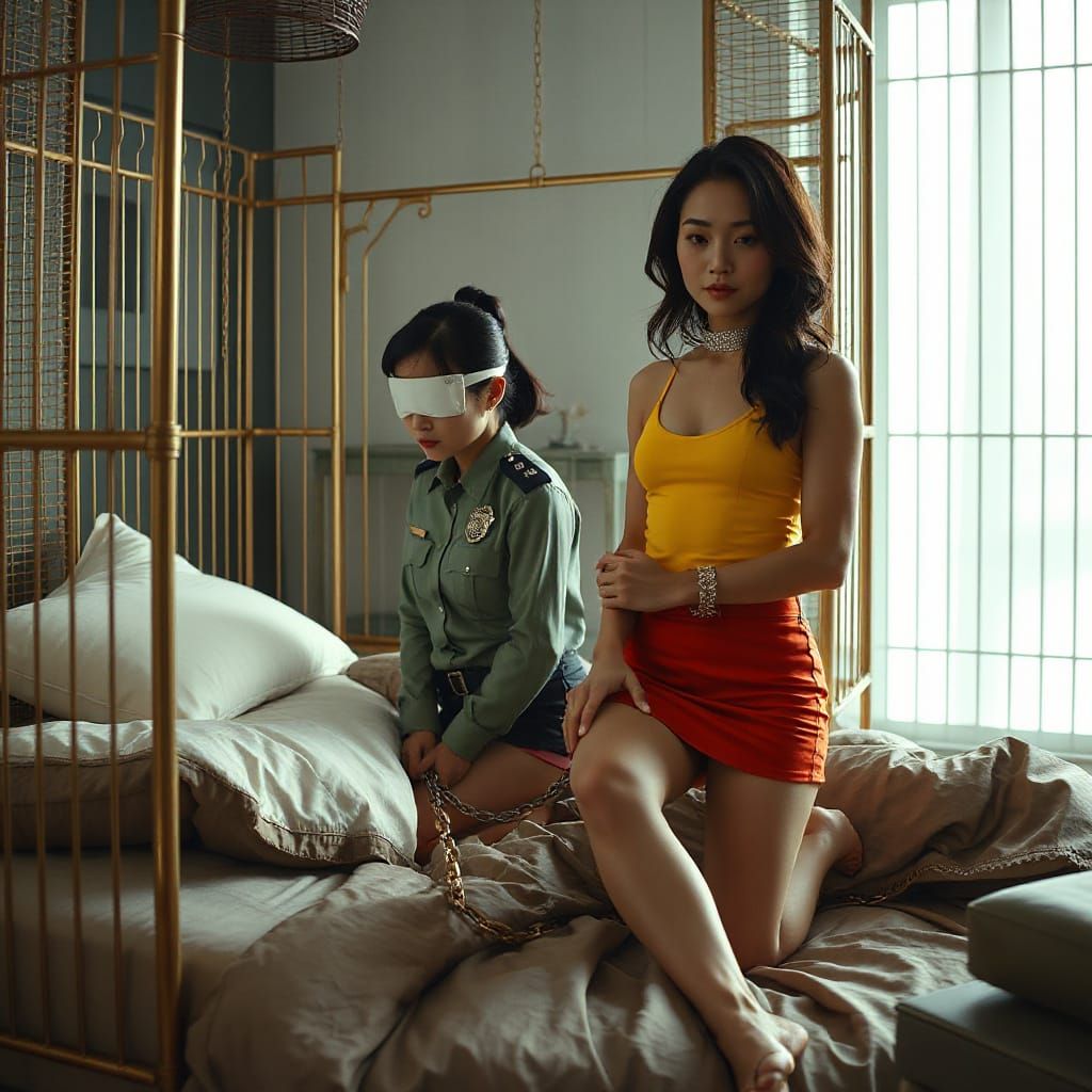 Exhausted Chinese Policewoman in Ornate Bird Cage