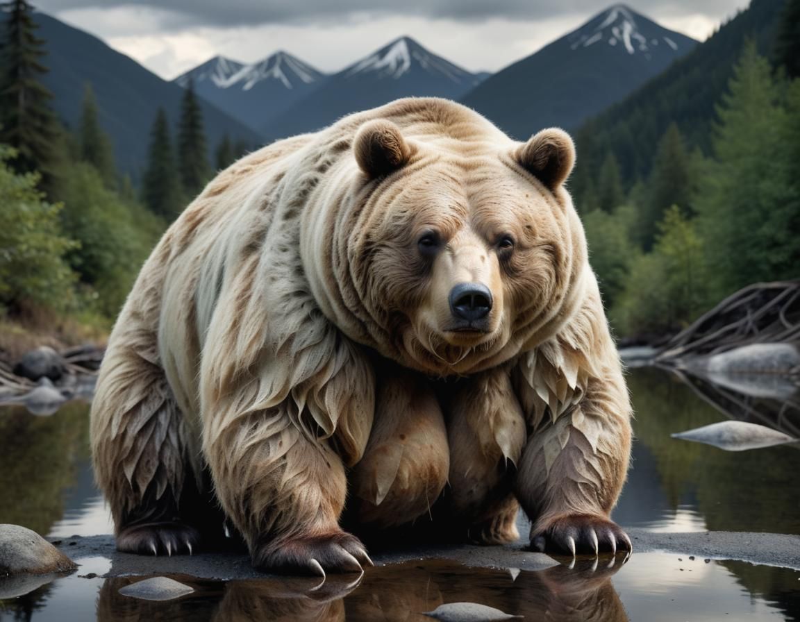 Sad Obese Bear with Mountain Reflection