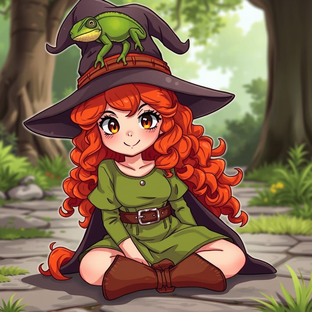 Anime-Style Witch in Whimsical Landscape