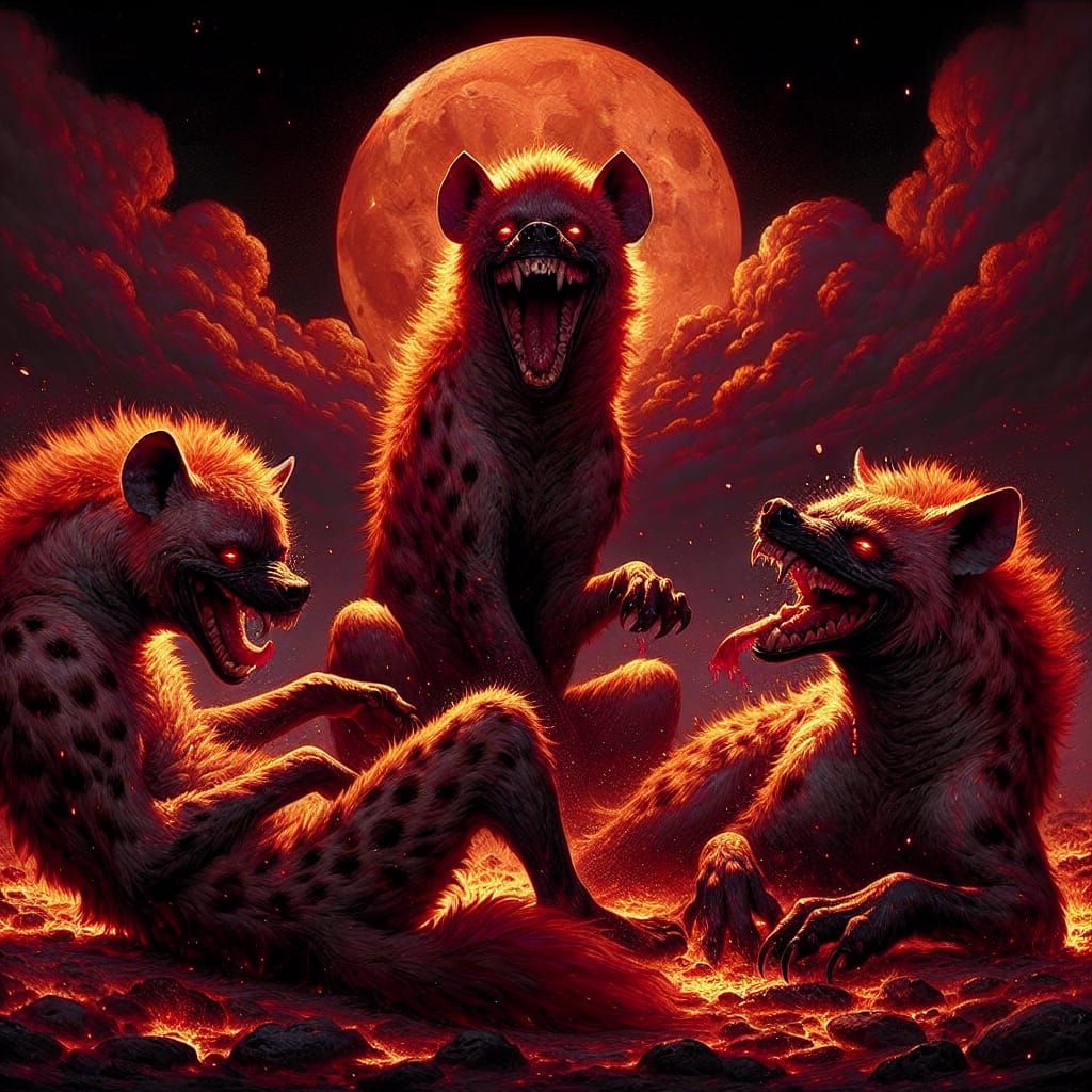 Fiery Hyenas Laughing at the Moon: Fantasy Concept Art