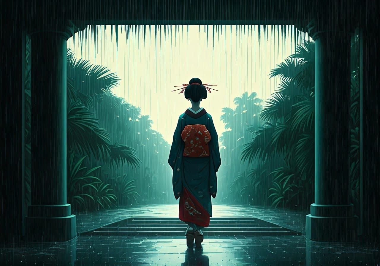 Cybergeisha in Rainy Neo-Tokyo: Ukiyo-e Style