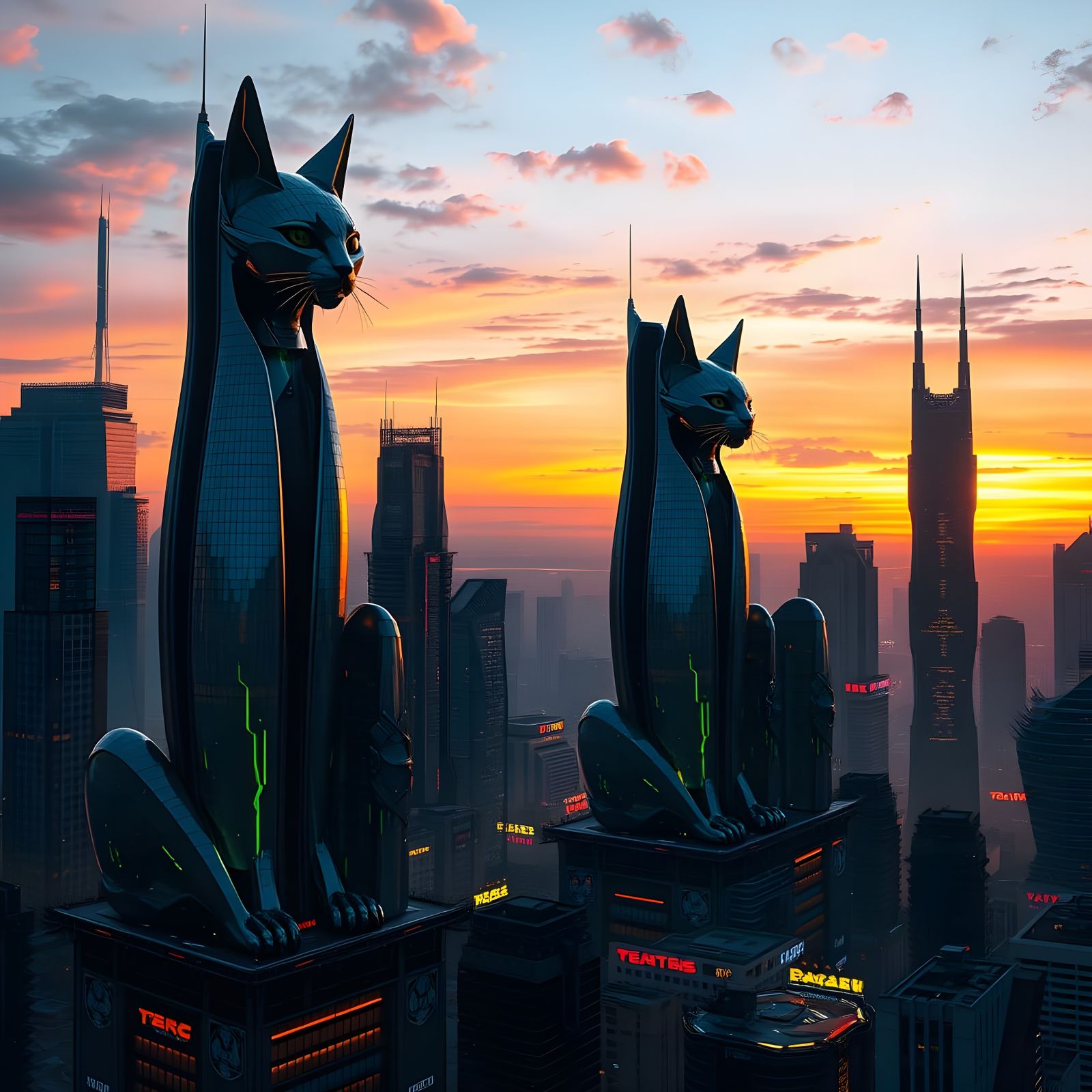 Futuristic Cat Skyscrapers in Warm Sunset Light