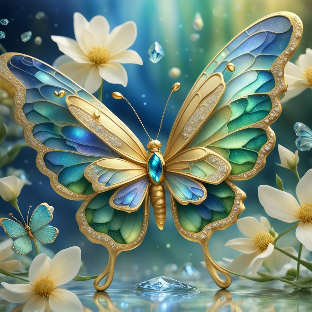 Golden Butterfly on Crystal Flower: Fantasy Concept Art