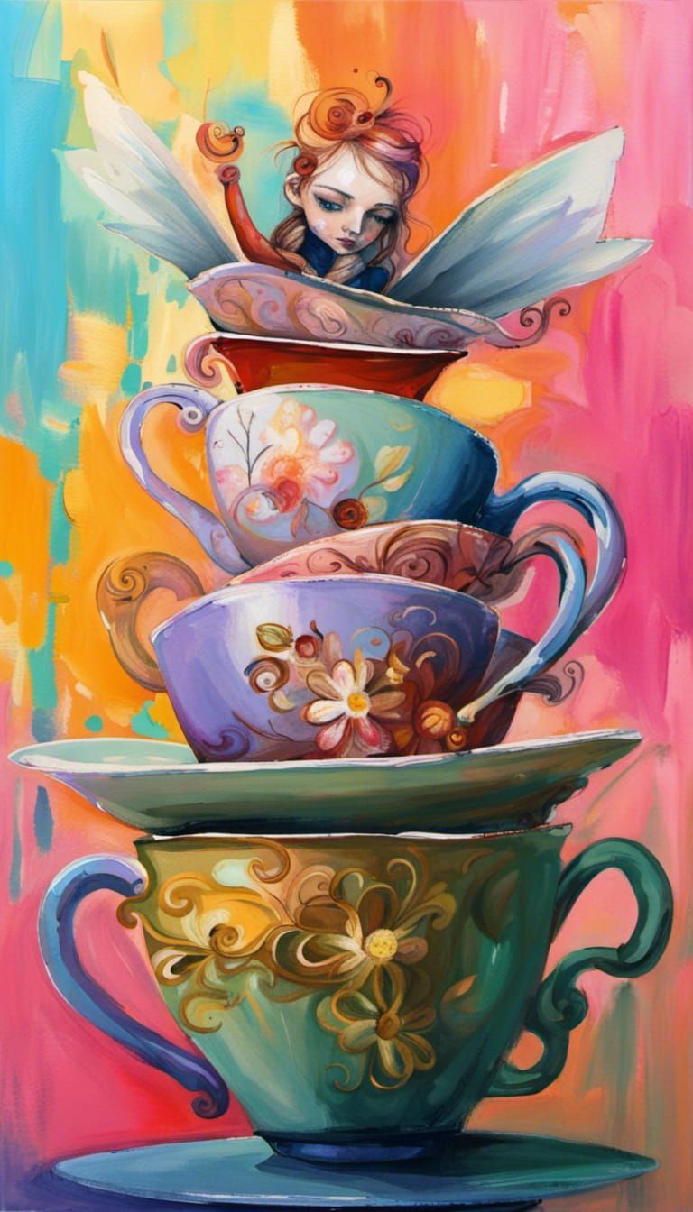 Teacup Pixie in Stacked Cups: Abstract Art