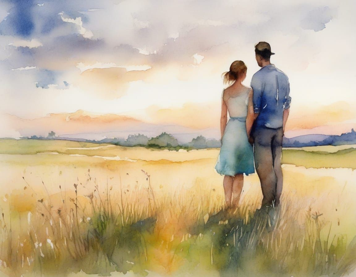 Watercolor of Lovers Standing Together in a Field