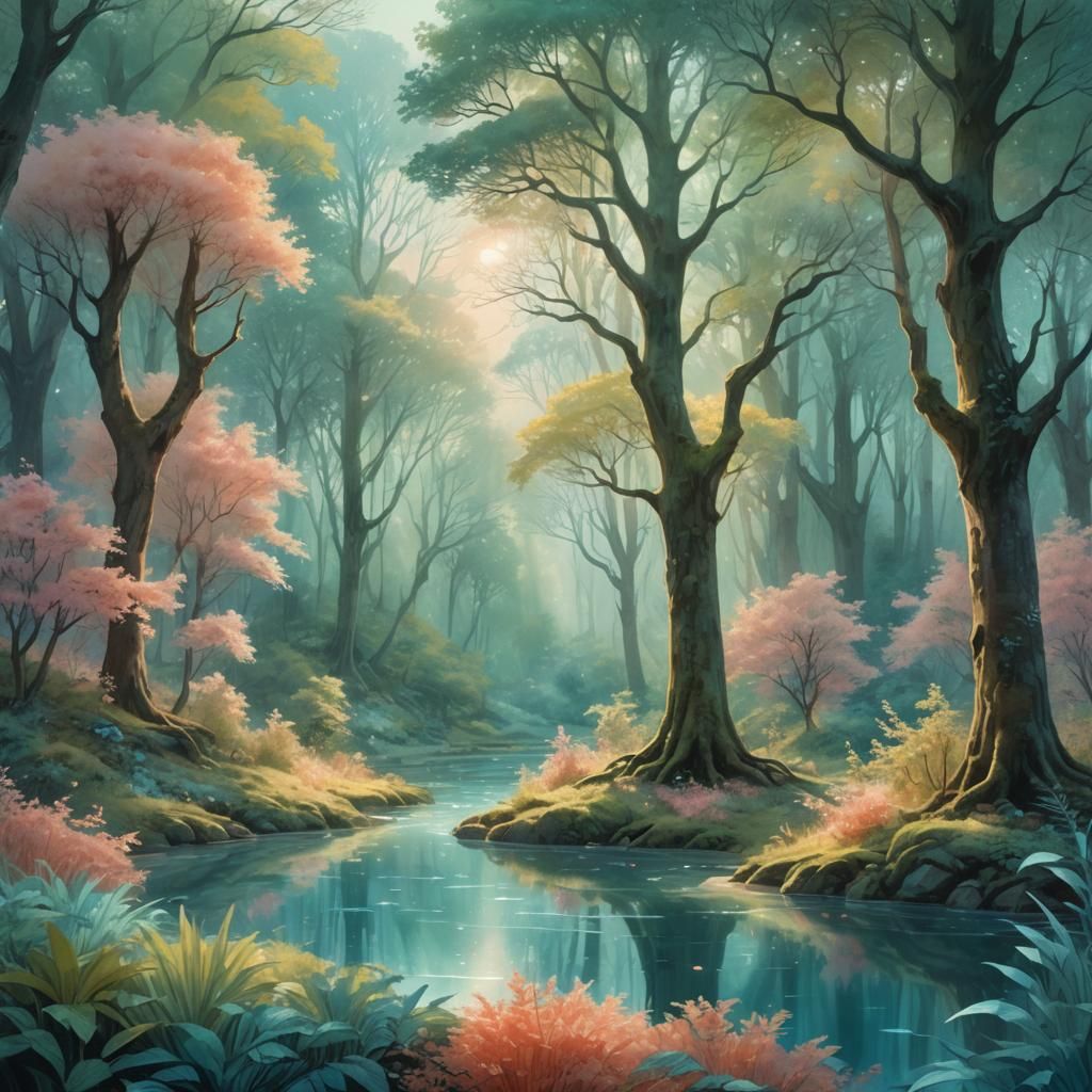 Serene Forest Glade in Matte Painting Style