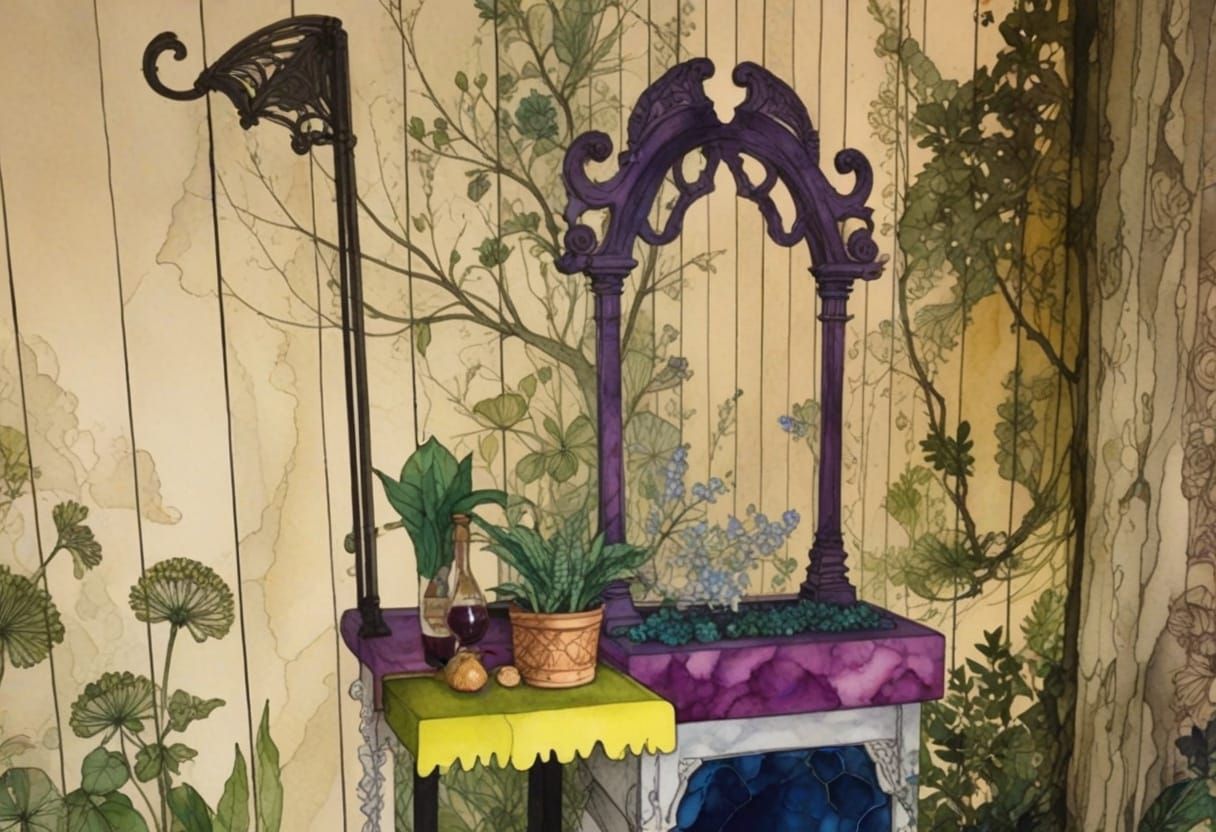 Intricately detailed alcohol ink illustration, The Conservatory