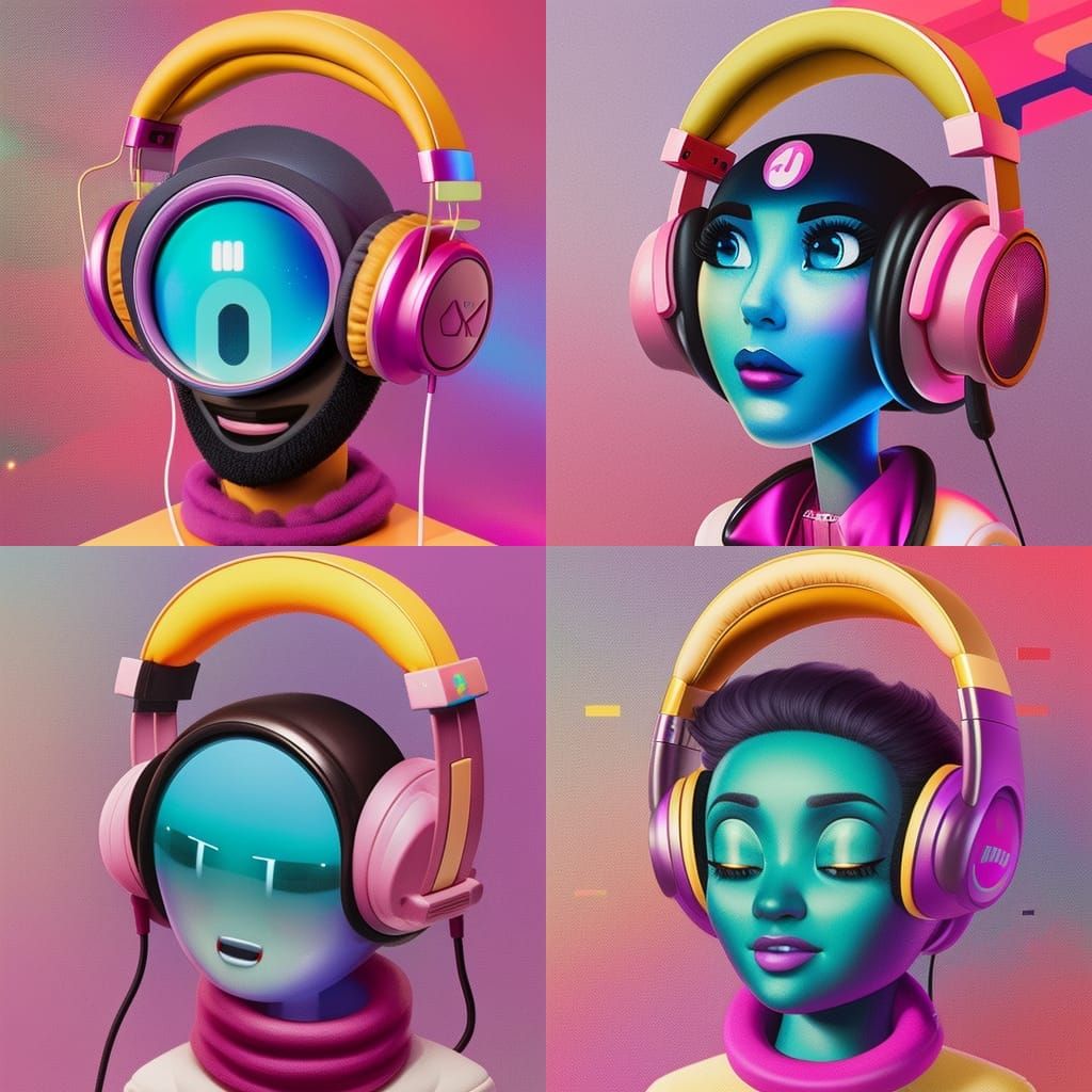 Shy Emoji with Headphones: 80s Synthwave Character