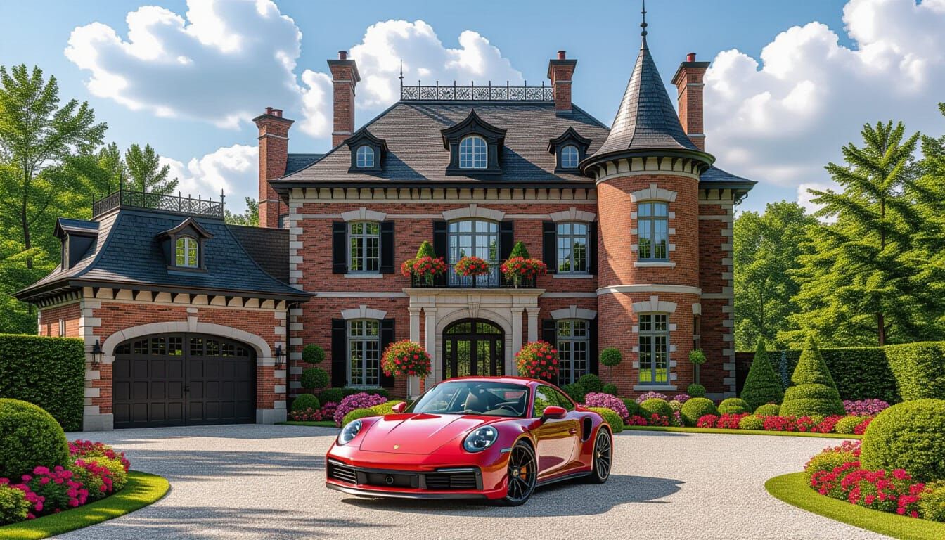 Victorian Chateau with Cherry Red Porsche 911