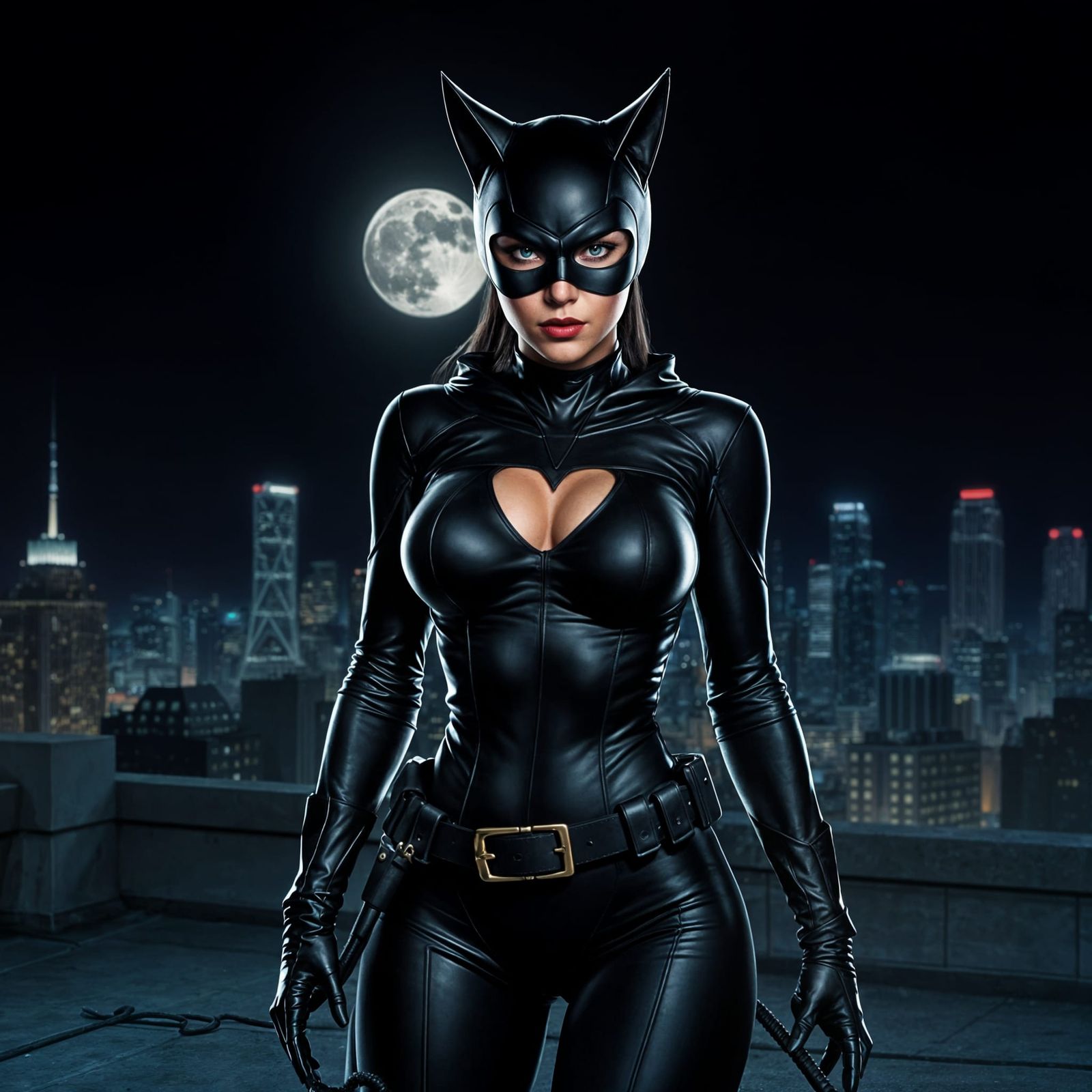 Sleek Catwoman Leans Against Rooftop Rail in Noir Cityscape