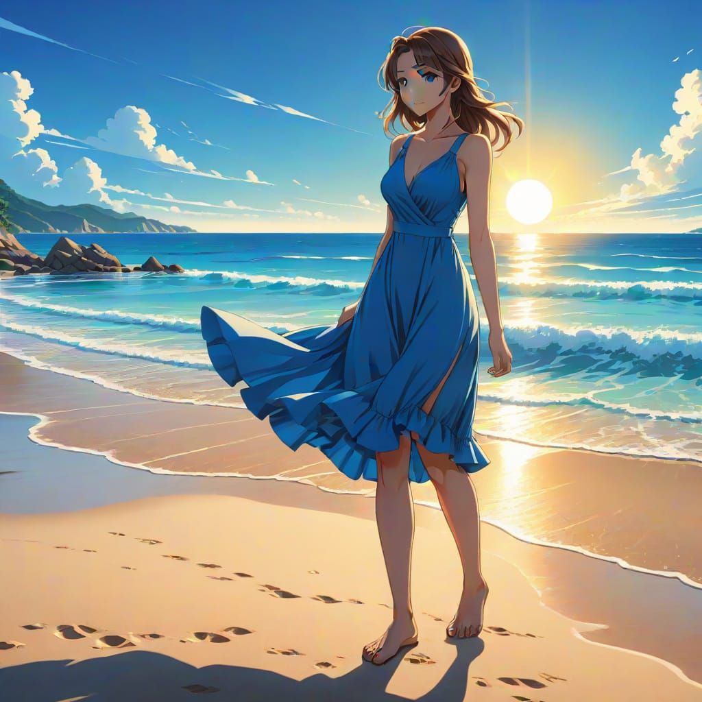 Girl in Blue Dress: Anime Beach Scene