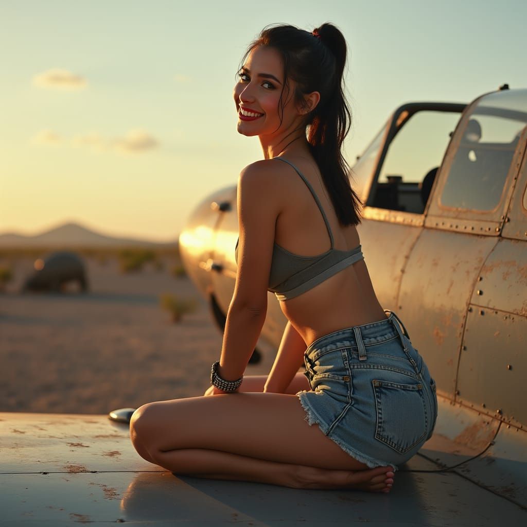 Aircraft Mechanic in Pin-Up Style, Golden Hour