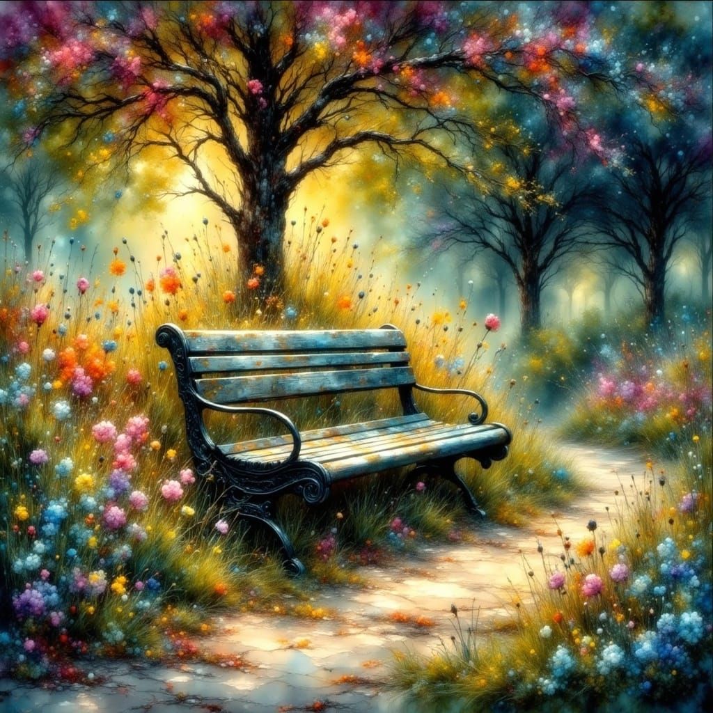 Dreamy Park Bench Scene in Whimsical Watercolor Style